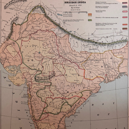 Historical Map of British India since A.D. 1751, Antique Colour Atlas Map, Printed in 1894, Cram's Universal Atlas