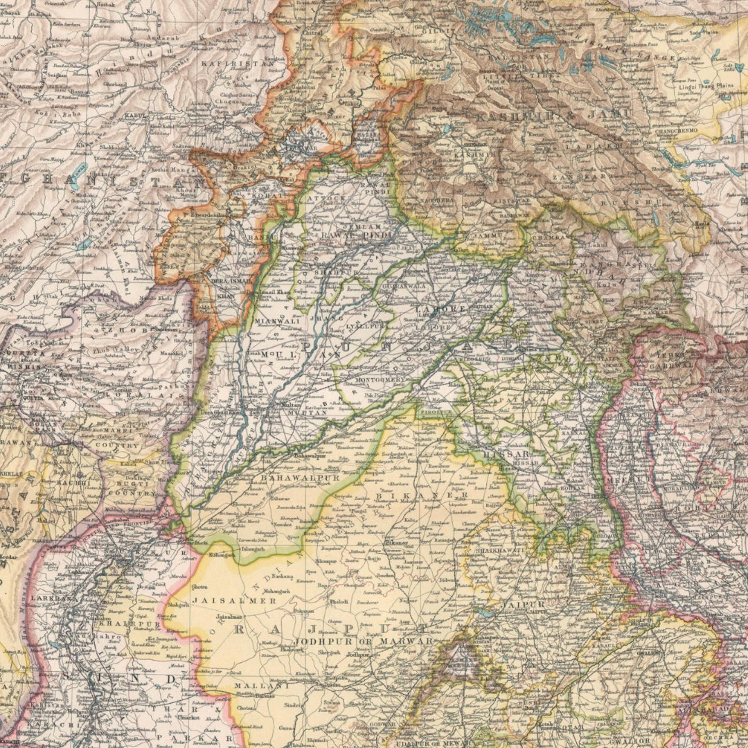 Original Antique Map 1912 - North West Frontier of British India: Rajputana, Punjab, Gujarat, Kashmir
