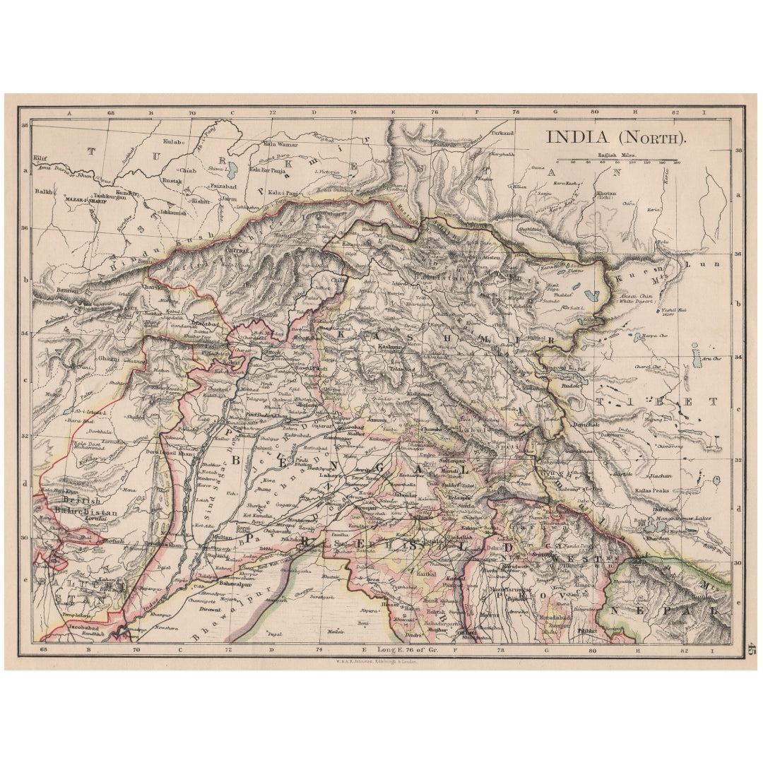 Original Antique Map 1895 - Northern British India: Jammu, Kashmir, Punjab, Himalayas
