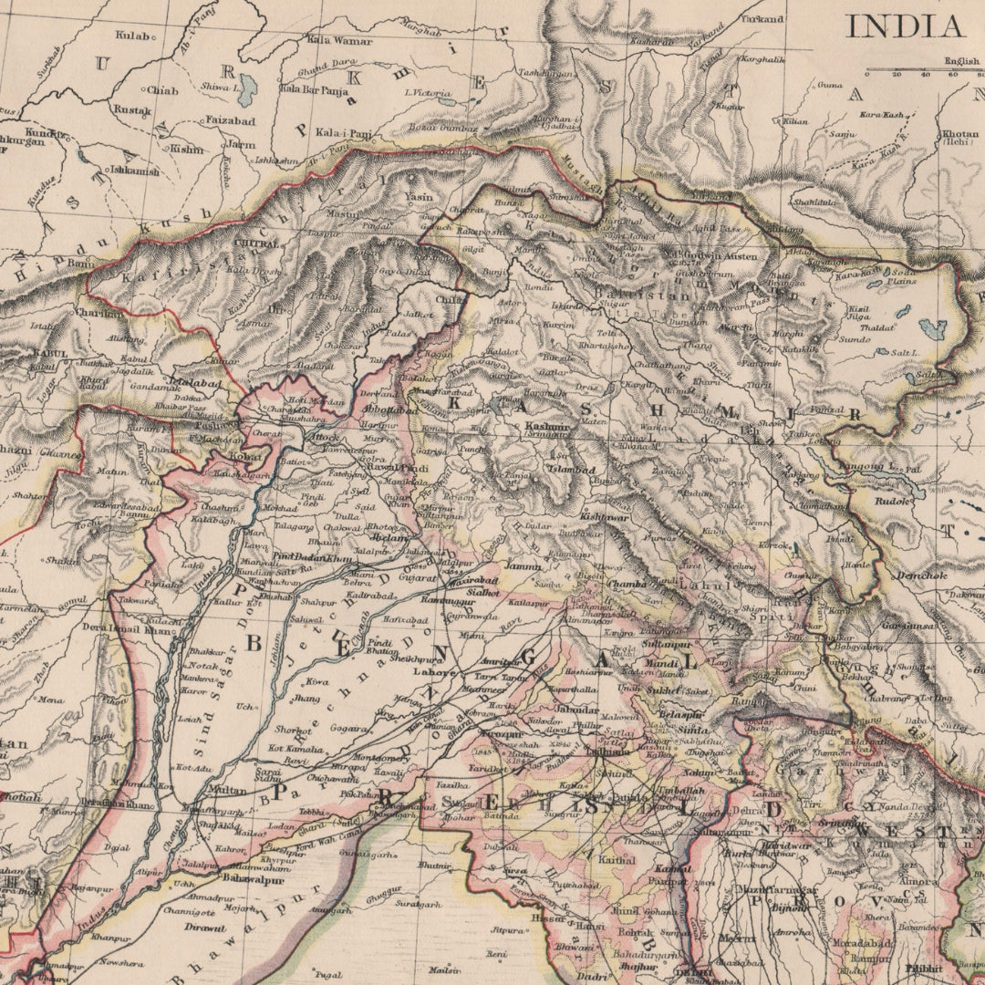 Original Antique Map 1895 - Northern British India: Jammu, Kashmir, Punjab, Himalayas