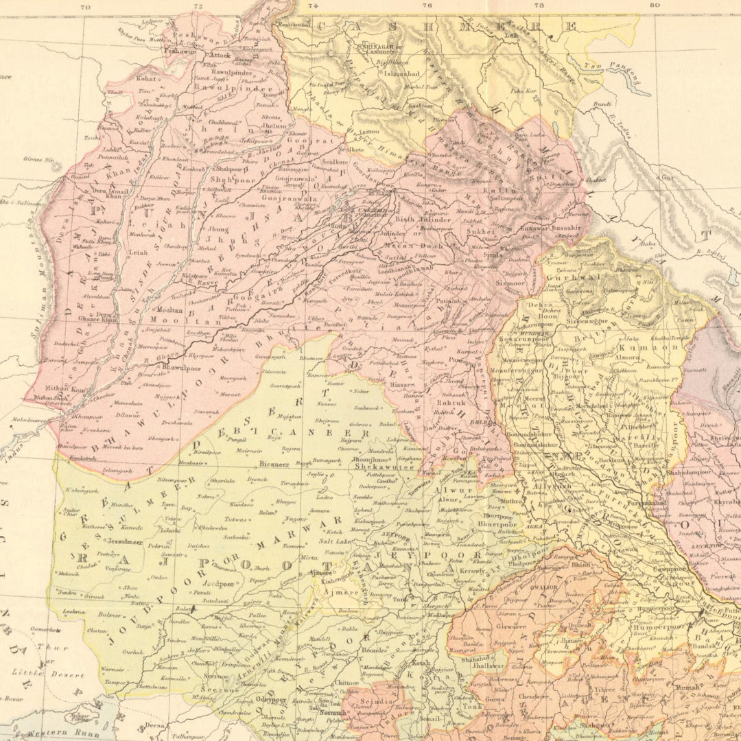 Original Antique Map 1876 - Upper Bengal, Rajpootana, Punjab, and Oude