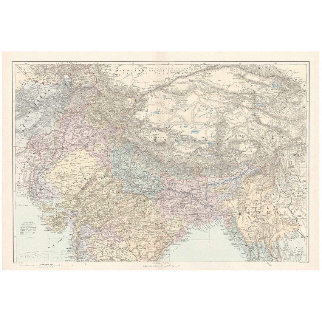 Original Antique Map 1896 - North India, Tibet, Himalayas, Baluchistan, Burma