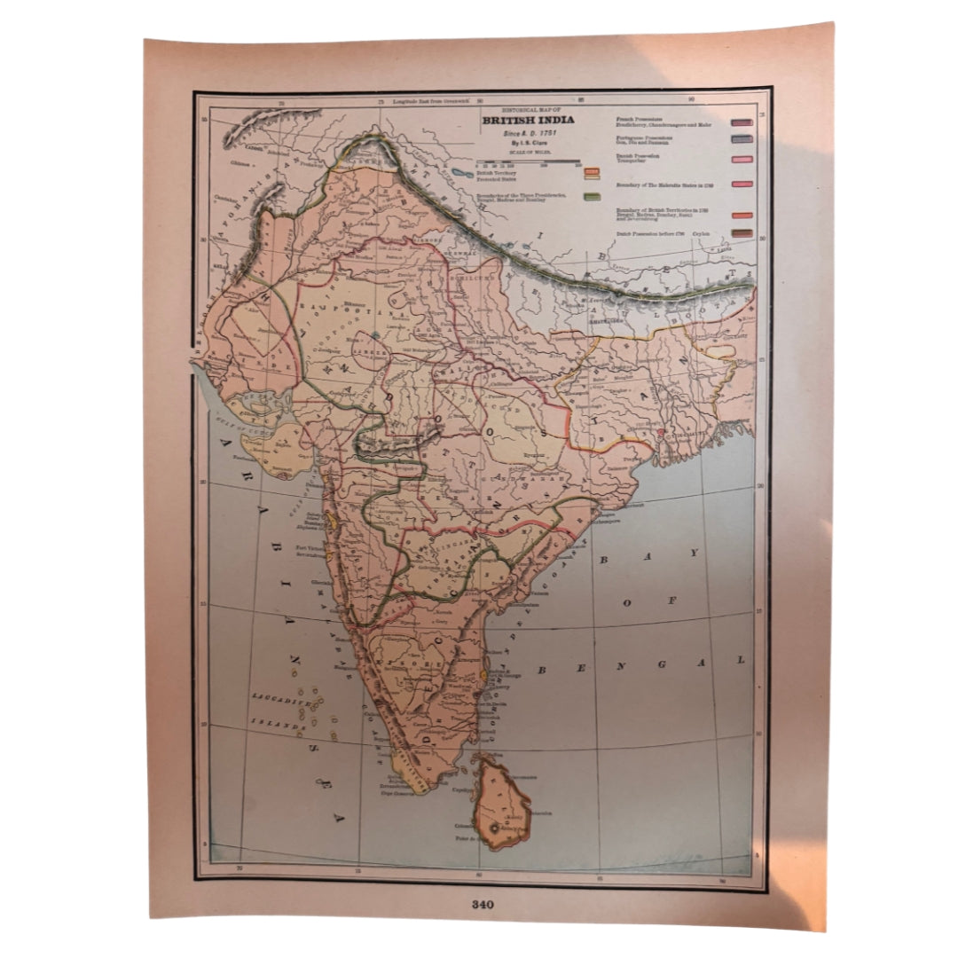 Historical Map of British India since A.D. 1751, Antique Colour Atlas Map, Printed in 1894, Cram's Universal Atlas