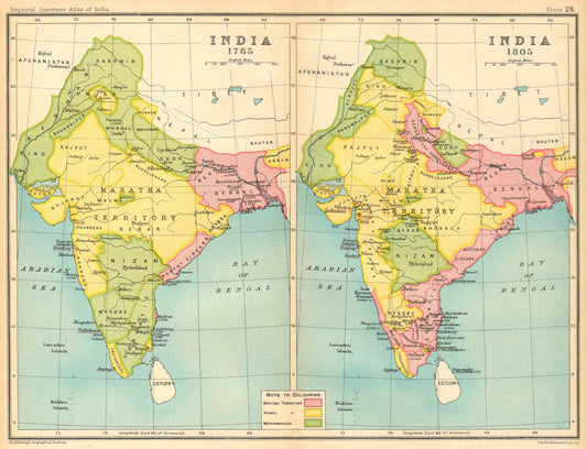 Historical India (1765 & 1805): British, Hindu, Sikh & Muslim States – 1909 Vintage Map - ramblingsofasikh