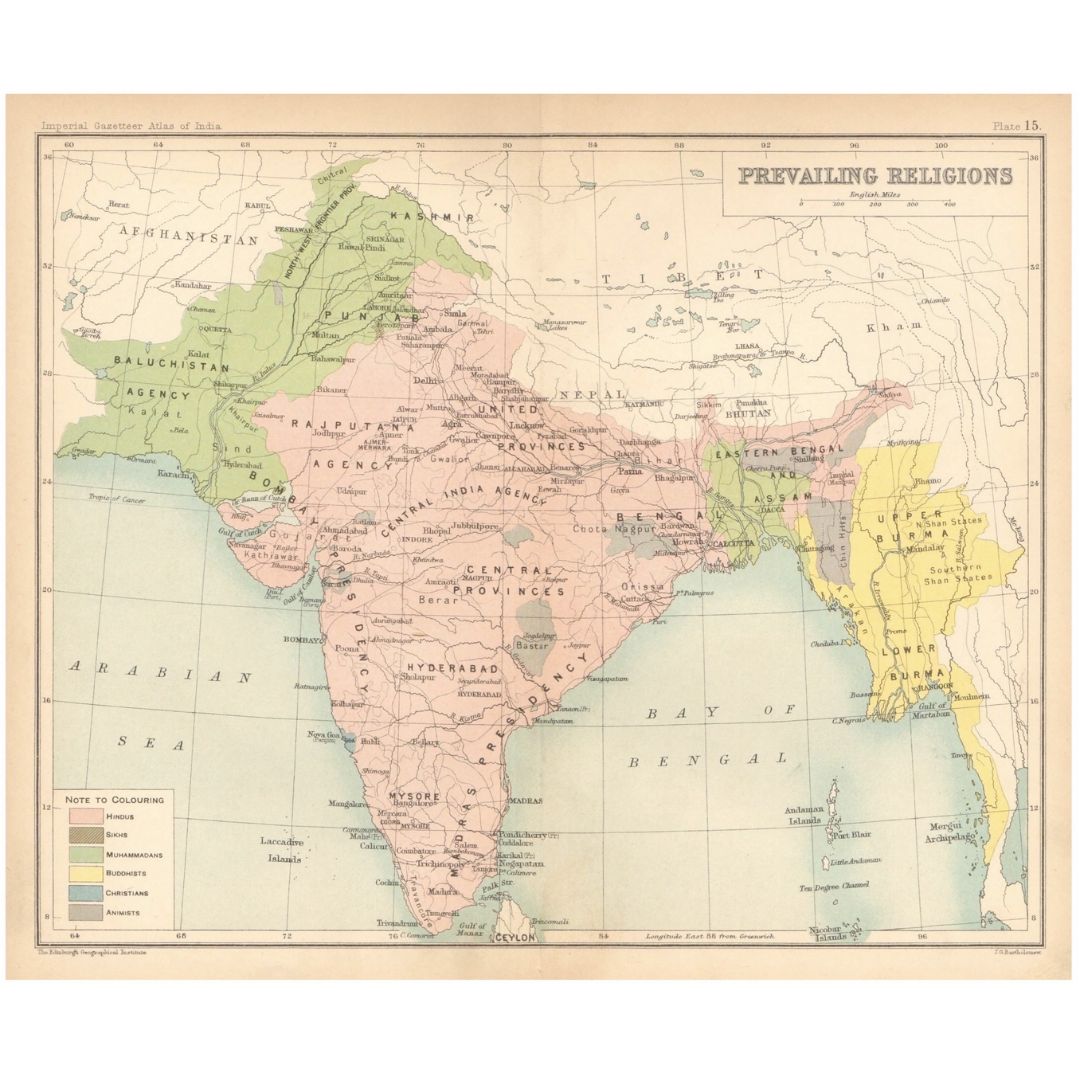 Original Antique Map 1909 - Prevailing Religions in British India - ramblingsofasikh