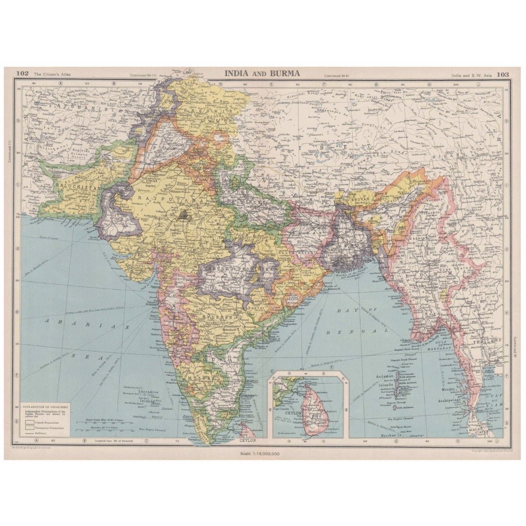Original Vintage Map 1944 - India and Burma; Inset Ceylon - ramblingsofasikh