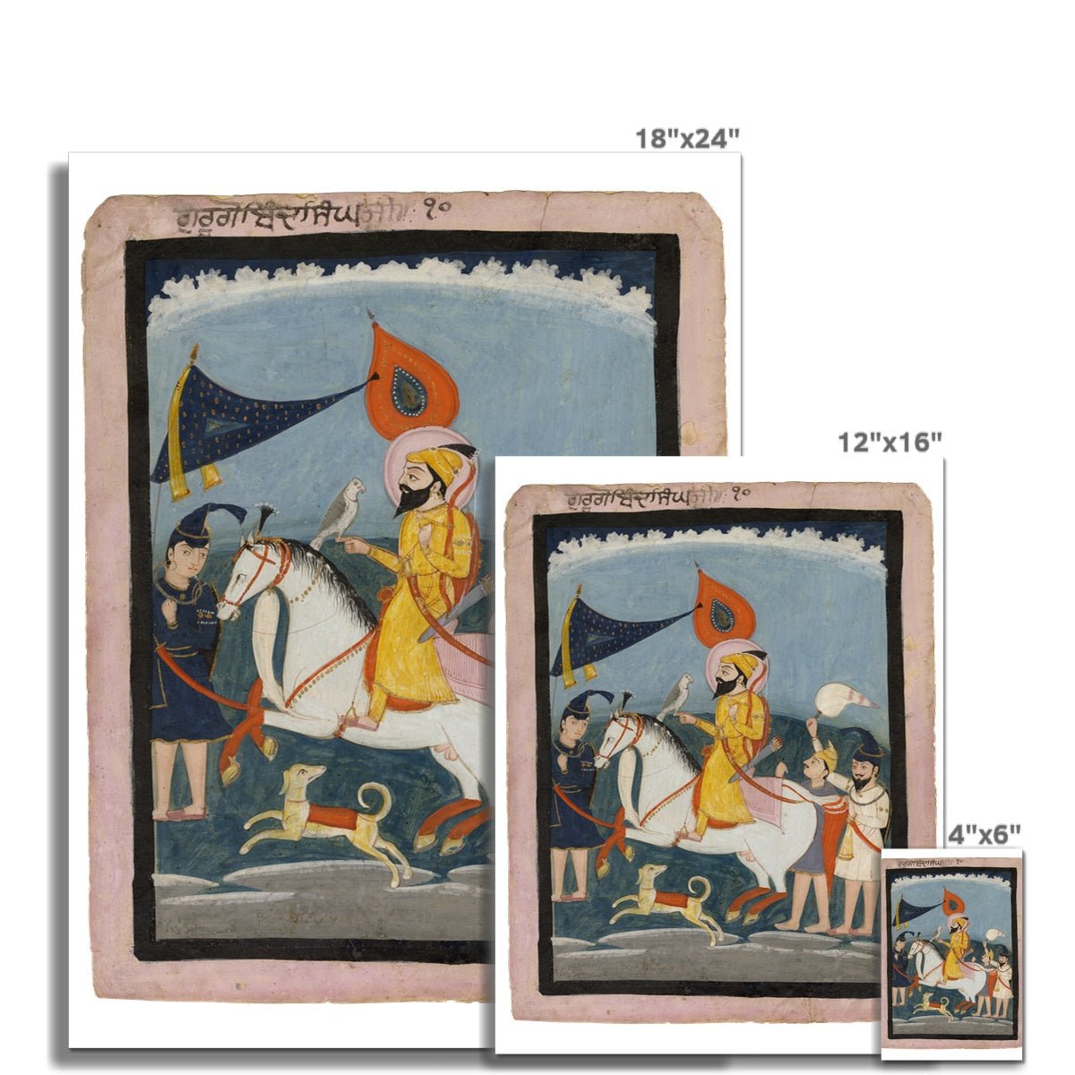 Guru Gobind Singh Ji on horseback, accompanied by three akalis on foot. Mid 19th - century. Fine Art Print - ramblingsofasikh