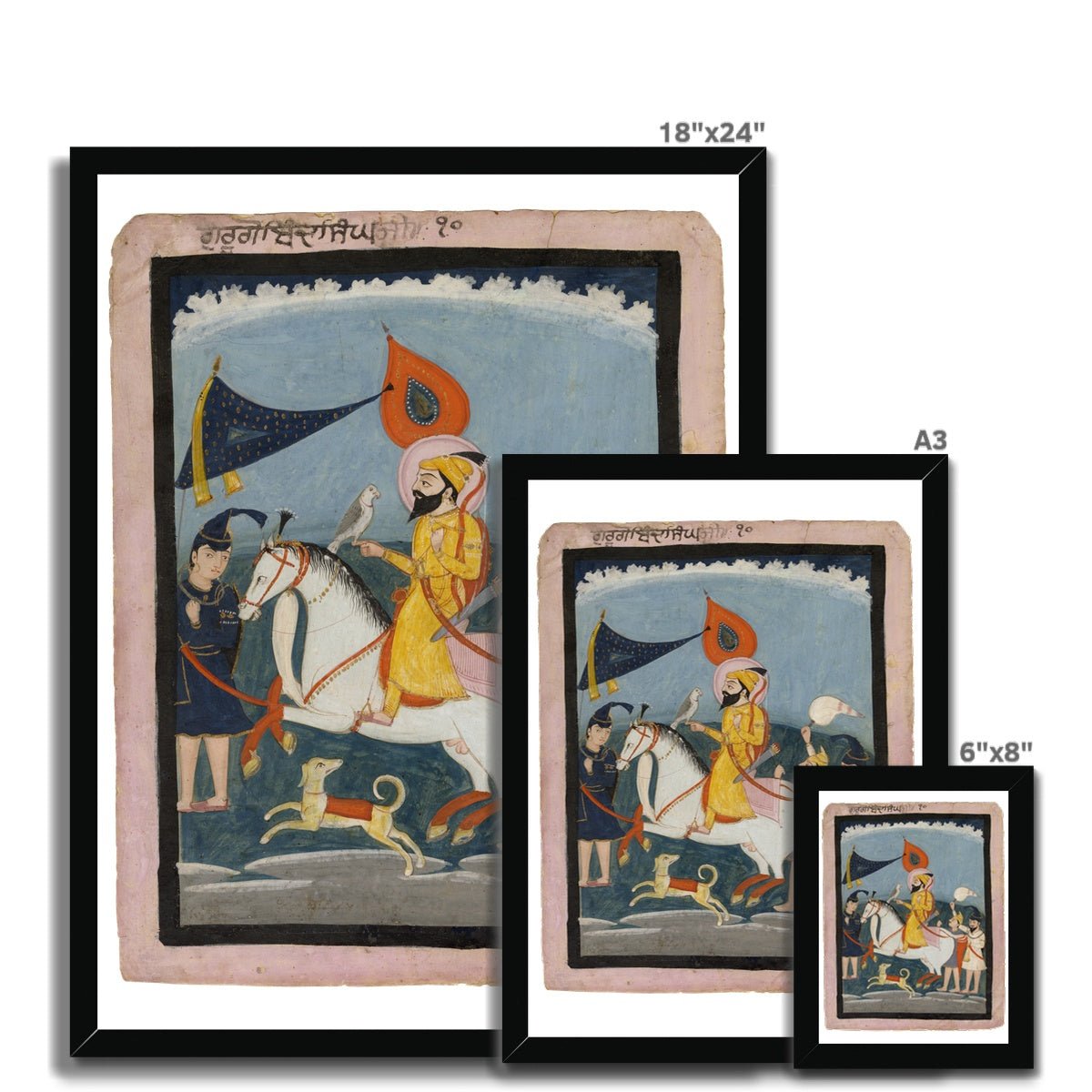 Guru Gobind Singh Ji on horseback, accompanied by three akalis on foot. Mid 19th - century. Framed Print - ramblingsofasikh