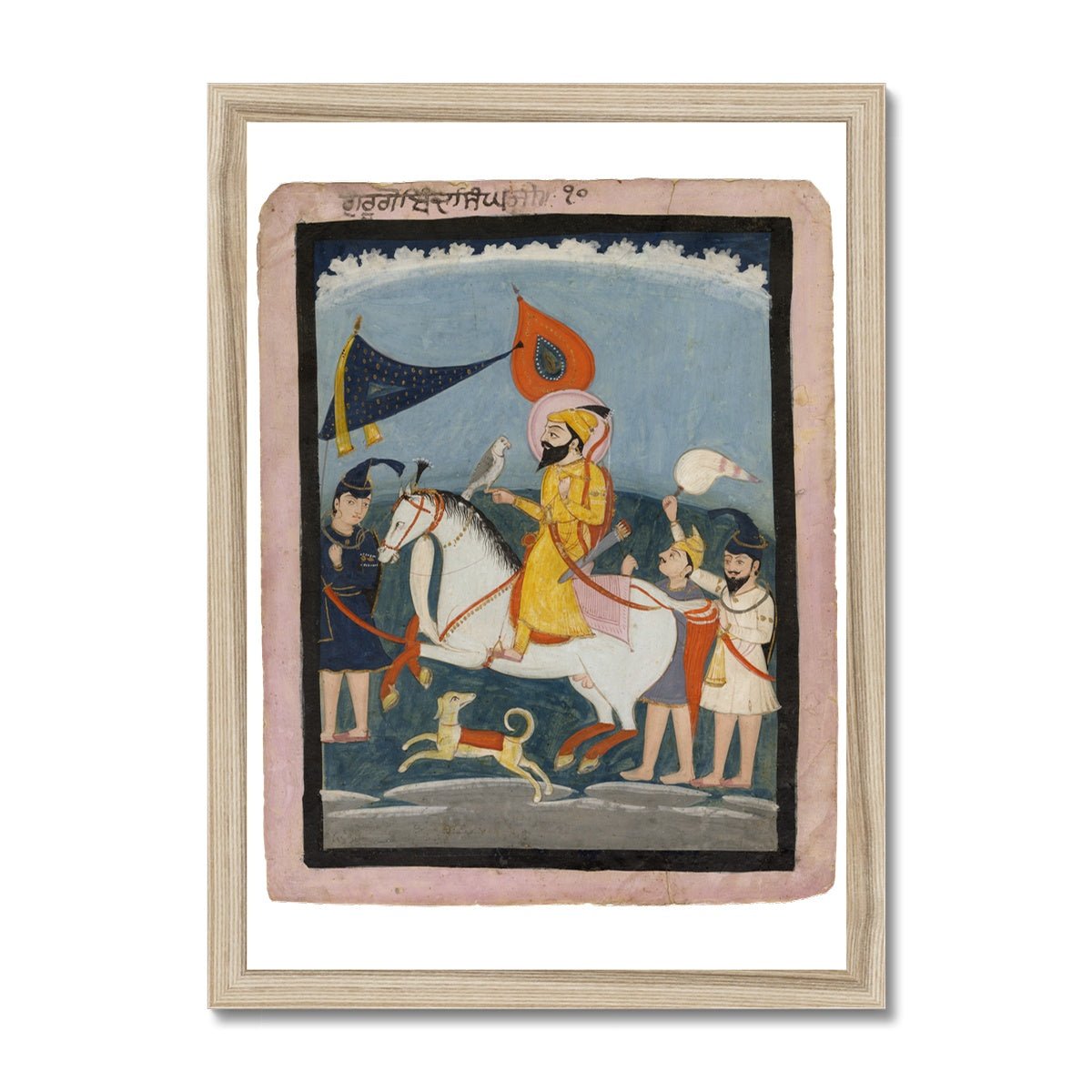 Guru Gobind Singh Ji on horseback, accompanied by three akalis on foot. Mid 19th - century. Framed Print - ramblingsofasikh