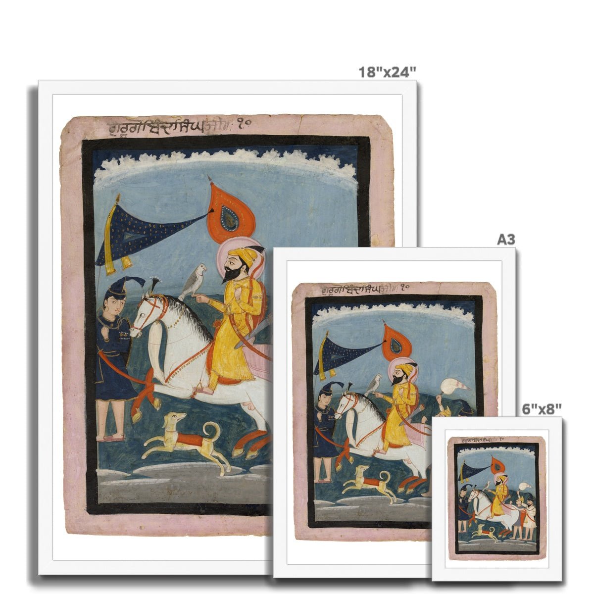 Guru Gobind Singh Ji on horseback, accompanied by three akalis on foot. Mid 19th - century. Framed Print - ramblingsofasikh