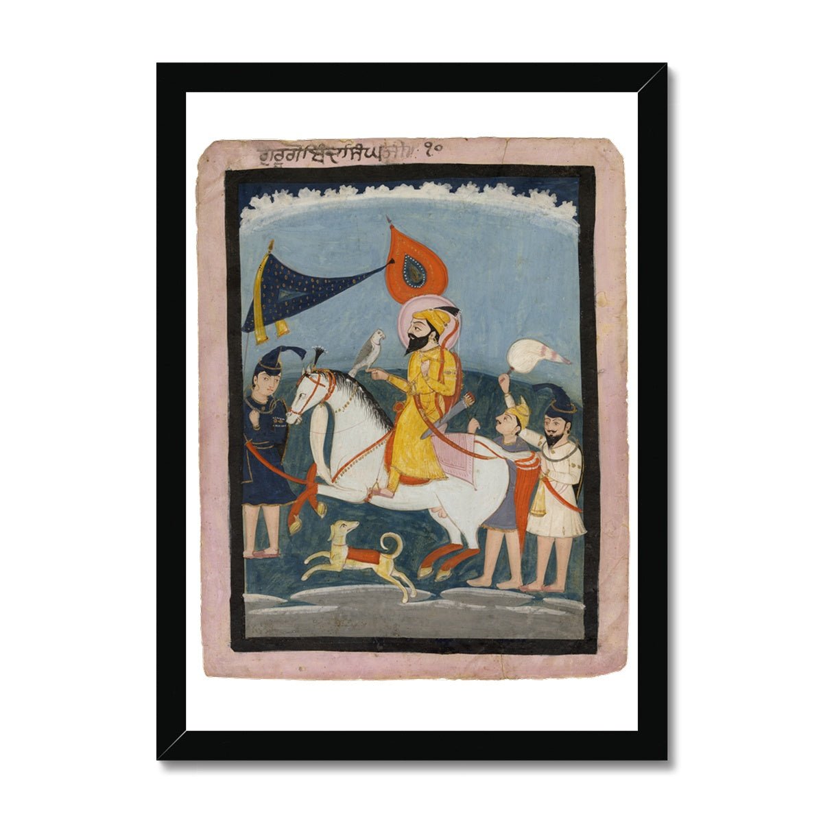 Guru Gobind Singh Ji on horseback, accompanied by three akalis on foot. Mid 19th - century. Framed Print - ramblingsofasikh