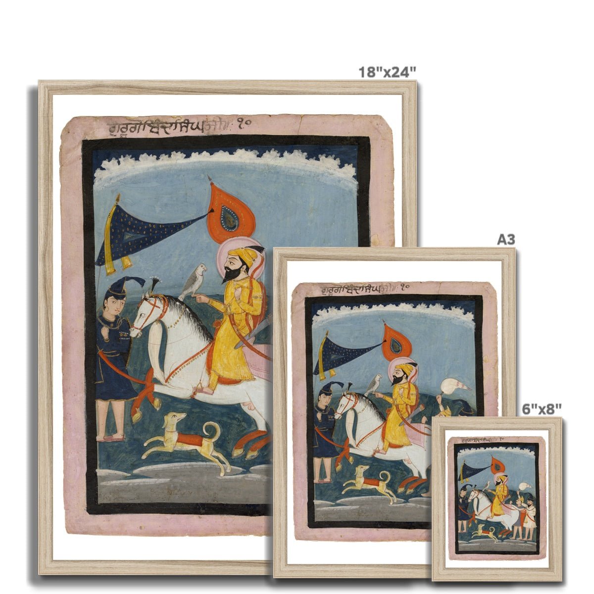 Guru Gobind Singh Ji on horseback, accompanied by three akalis on foot. Mid 19th - century. Framed Print - ramblingsofasikh