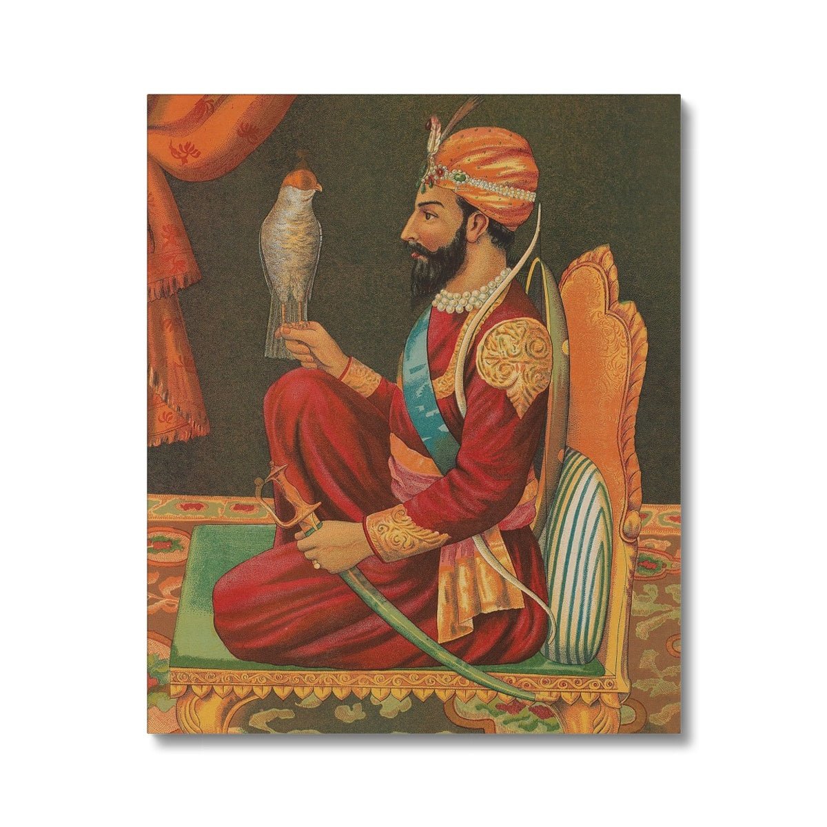 Guru Gobind Singh Ji with a Falcon, Chitra Shala Steam Press, Poona, circa 1900s Canvas - ramblingsofasikh