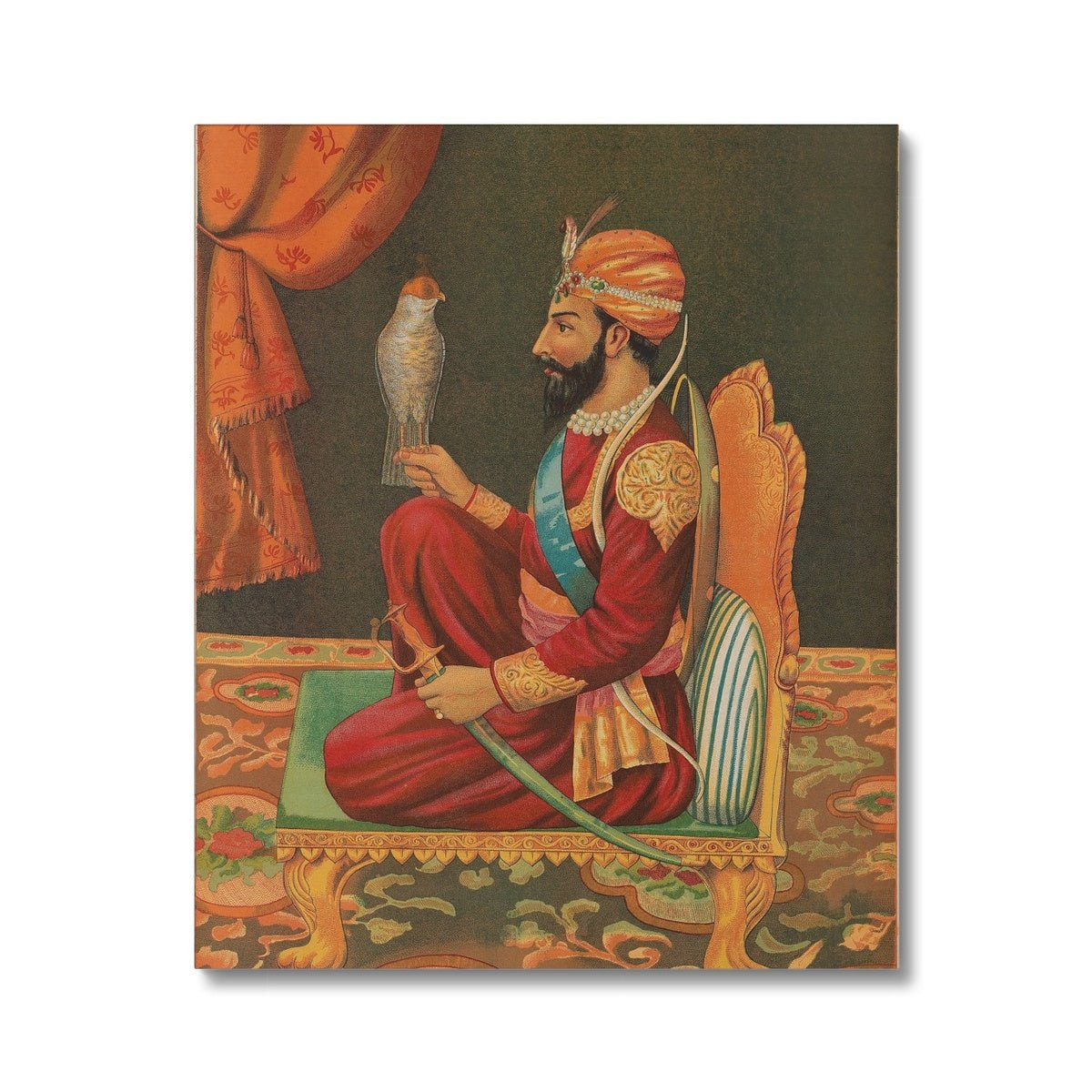 Guru Gobind Singh Ji with a Falcon, Chitra Shala Steam Press, Poona, circa 1900s Canvas - ramblingsofasikh