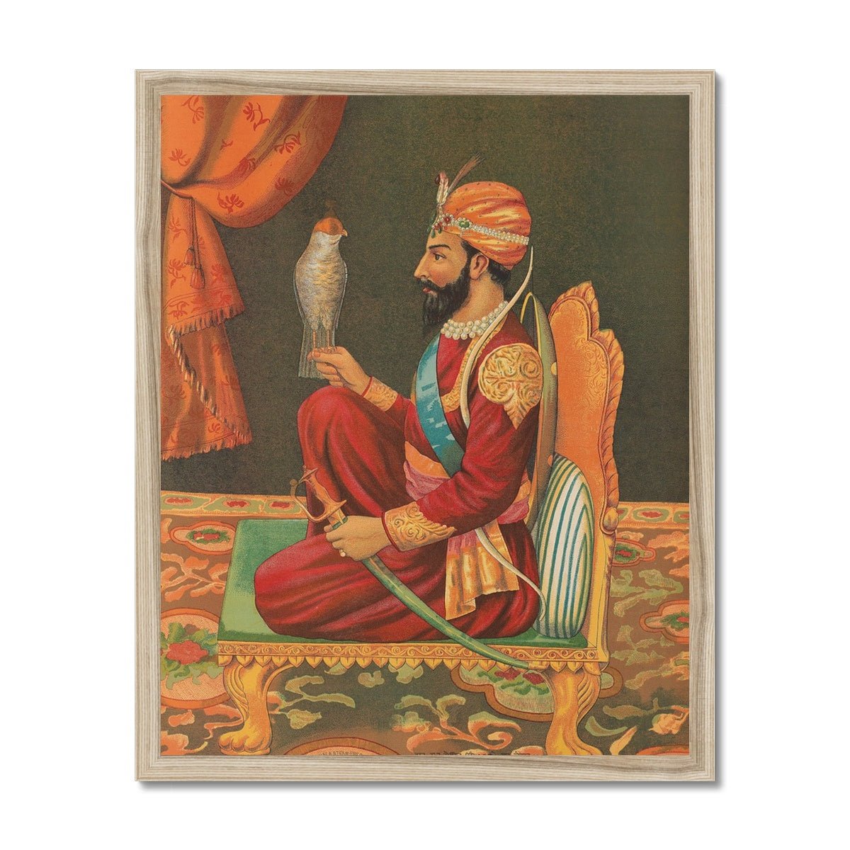 Guru Gobind Singh Ji with a Falcon, Chitra Shala Steam Press, Poona, circa 1900s Framed Print - ramblingsofasikh