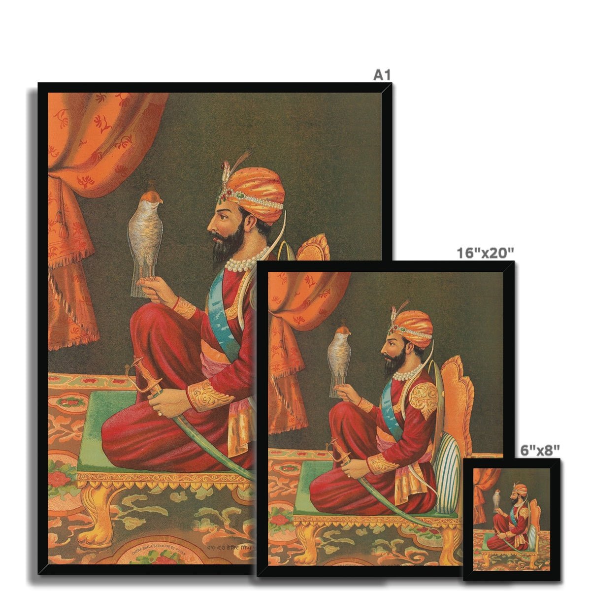 Guru Gobind Singh Ji with a Falcon, Chitra Shala Steam Press, Poona, circa 1900s Framed Print - ramblingsofasikh