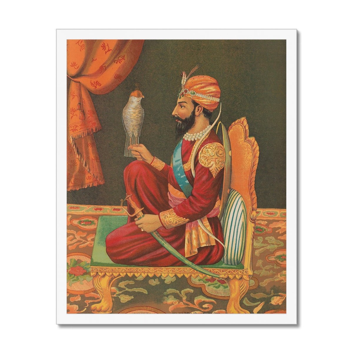Guru Gobind Singh Ji with a Falcon, Chitra Shala Steam Press, Poona, circa 1900s Framed Print - ramblingsofasikh