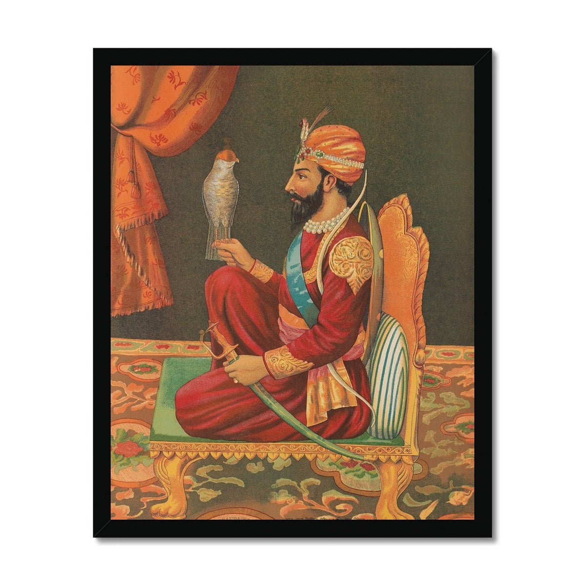 Guru Gobind Singh Ji with a Falcon, Chitra Shala Steam Press, Poona, circa 1900s Framed Print - ramblingsofasikh