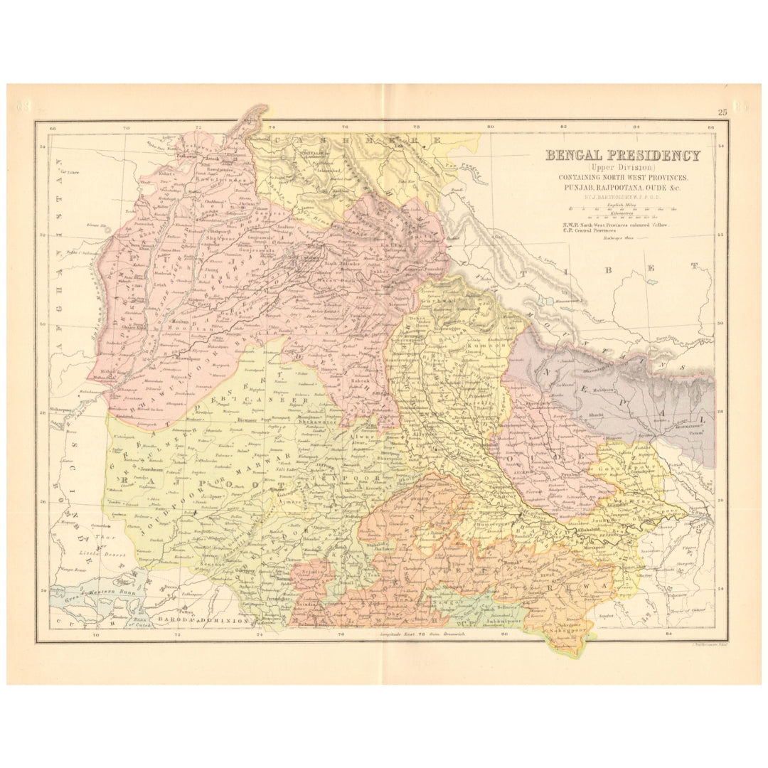 John Bartholomew 1876 Map of Bengal Presidency (Upper Division), covering North-Western Provinces, Punjab, Rajputana and Oude