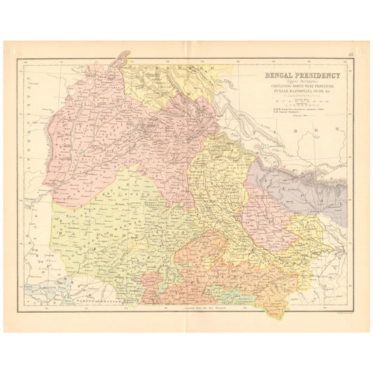 John Bartholomew 1876 Map of Bengal Presidency (Upper Division), covering North-Western Provinces, Punjab, Rajputana and Oude