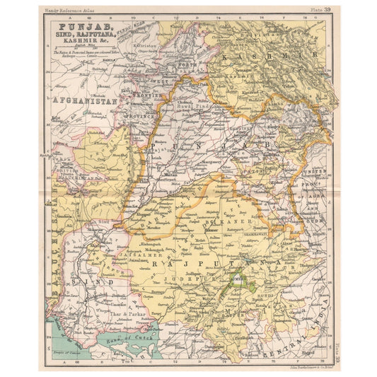 John Bartholomew 1904 Map of North-Western British India (Punjab, Sind, Rajputana and Kashmir)