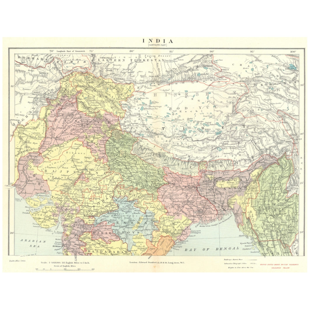 Original Antique Map 1906 - Northern British India: Rajputana, Punjab, Tibet, Bhutan, and Nepal