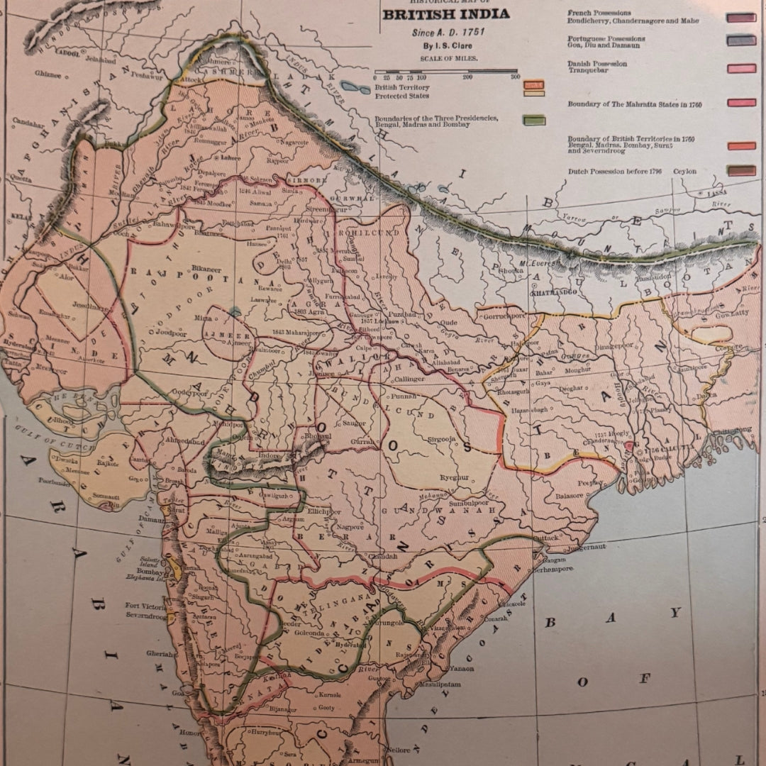 Historical Map of British India since A.D. 1751, Antique Colour Atlas Map, Printed in 1894, Cram's Universal Atlas