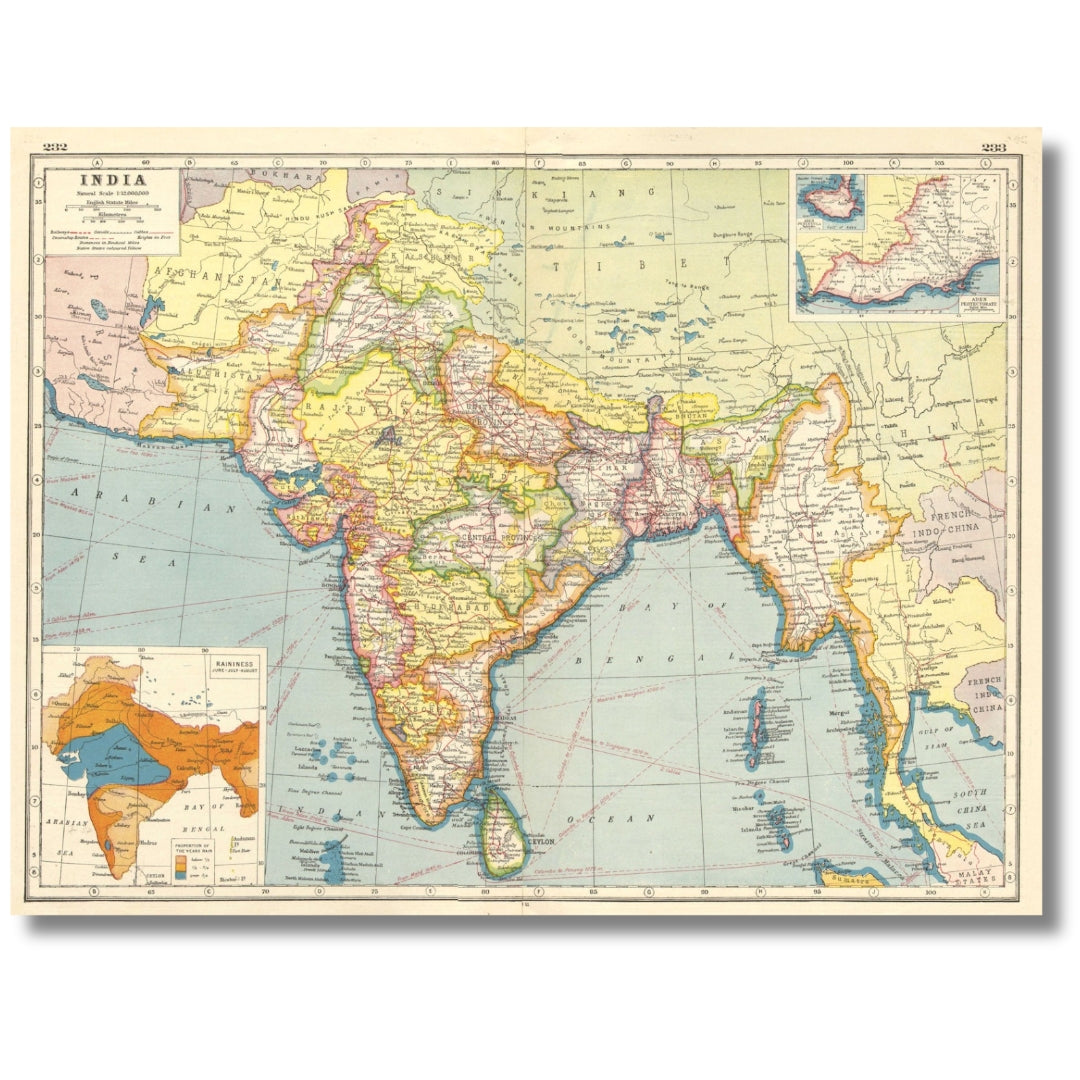 Harmsworth 1920 Vintage Colour Map of British India, Aden Inset