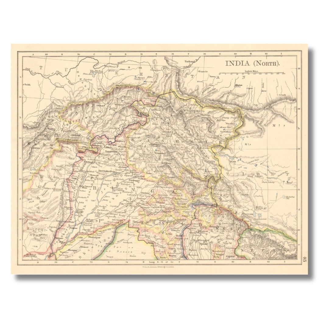 Original Antique Map - Northern British India: Jammu, Kashmir, Punjab, Himalayas