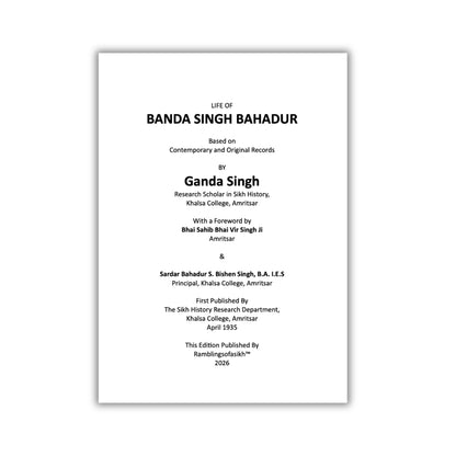 Life of Banda Singh Bahadur Based on Contemporary and Original Records by Ganda Singh (PRE-ORDER)