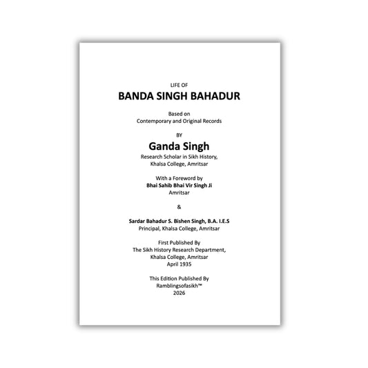 Life of Banda Singh Bahadur Based on Contemporary and Original Records by Ganda Singh (PRE-ORDER)