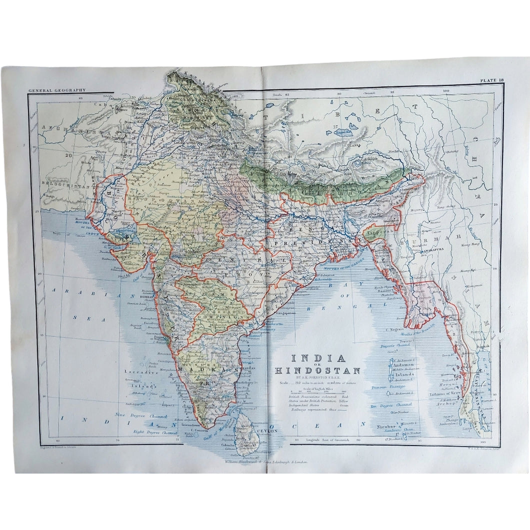 Original Antique Map 1857 - India or Hindostan