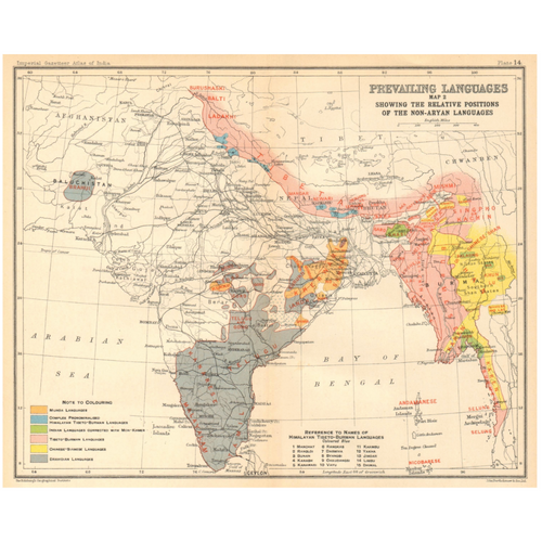 Original Vintage Map 1931 - Prevailing Languages of South Asia (Non-Aryan)