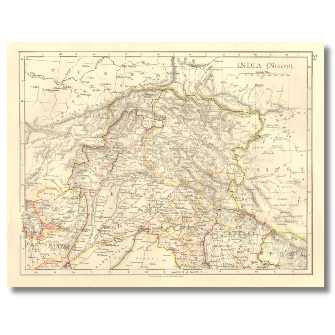 Original Antique Map - Northern British India: Jammu, Kashmir, Punjab, Himalayas