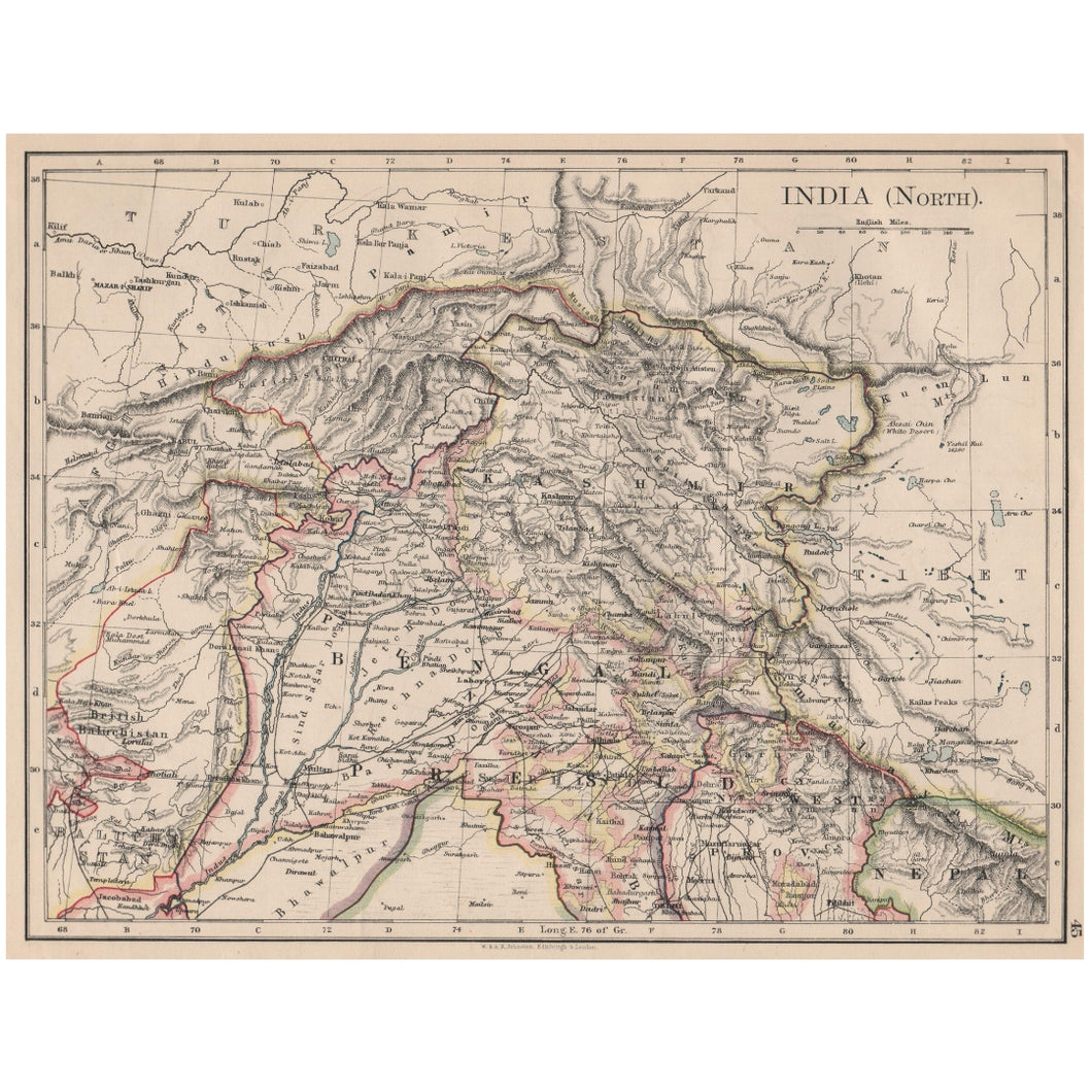 Original Antique Map 1895 - Northern British India: Jammu, Kashmir, Punjab, Himalayas