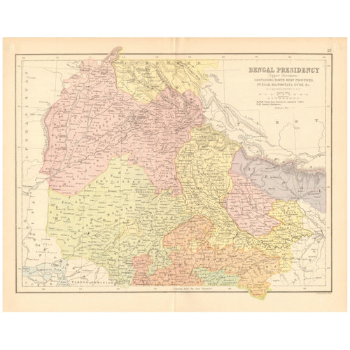 Original Antique Map 1876 - Upper Bengal, Rajpootana, Punjab, and Oude