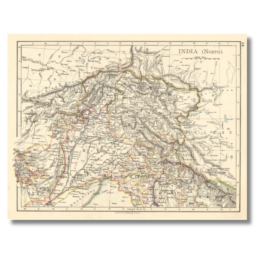 Original Antique Map - Northern British India: Jammu, Kashmir, Punjab, Himalayas