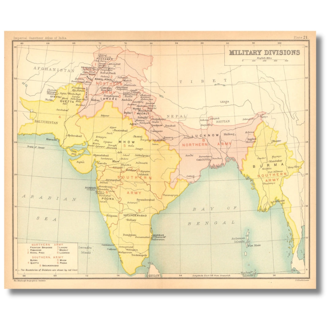 Military Divisions of India, Antique Colour Gazetteer Map, 1909, J. G. Bartholomew, Imperial Gazetteer of India