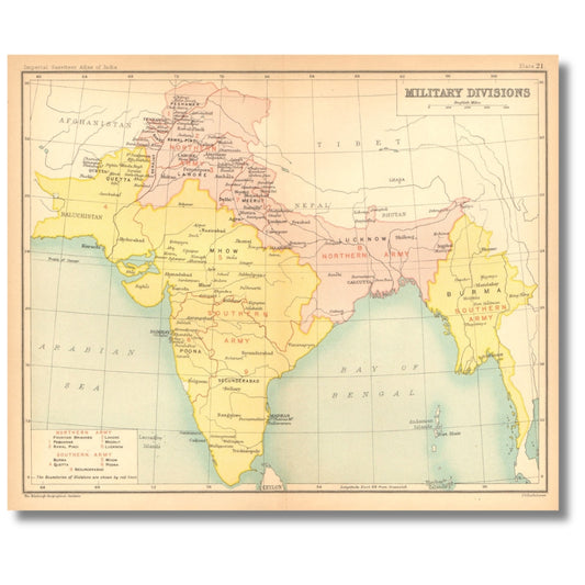 Military Divisions of India, Antique Colour Gazetteer Map, 1909, J. G. Bartholomew, Imperial Gazetteer of India
