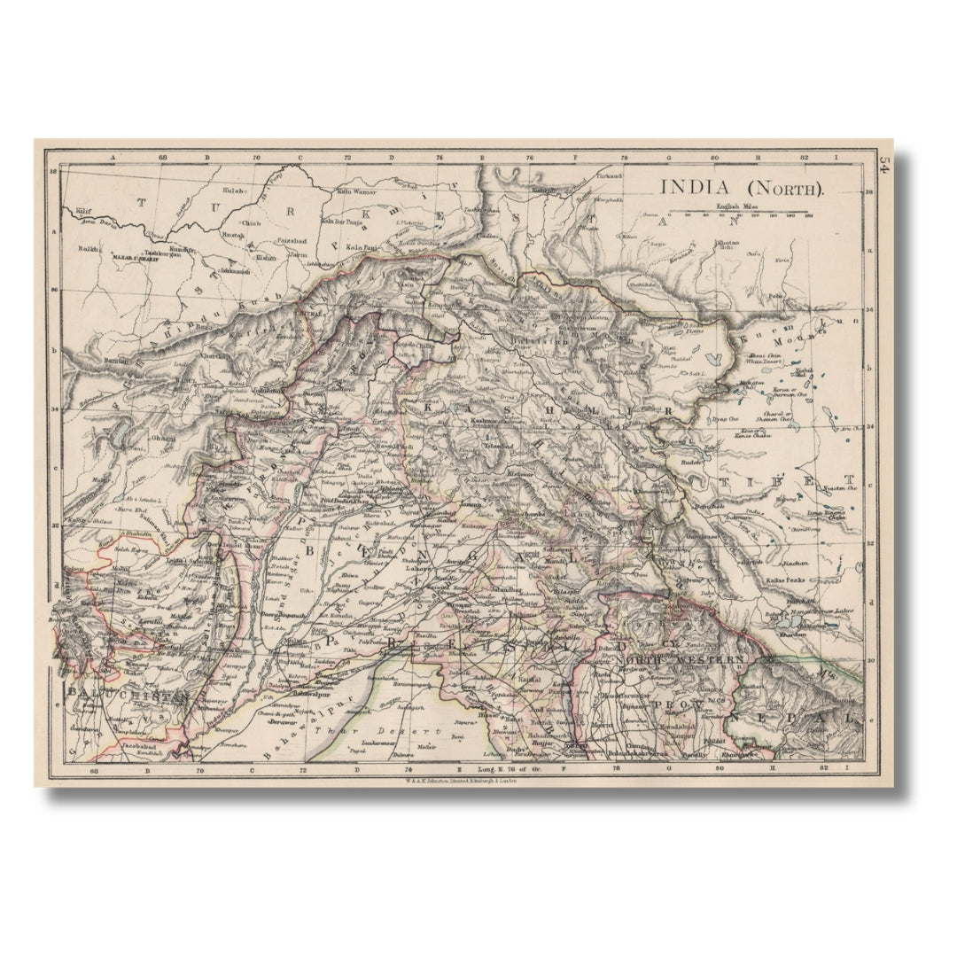 India (North), Antique Colour Map, 1903, W. & A. K. Johnston