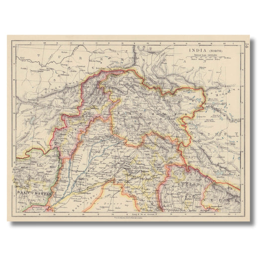 India (North) Antique Colour Map, 1910, W. & A. K. Johnston