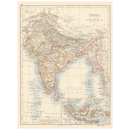 Original Antique Map 1892 - India, Including Burma, Nepal, Bhutan, and Ceylon