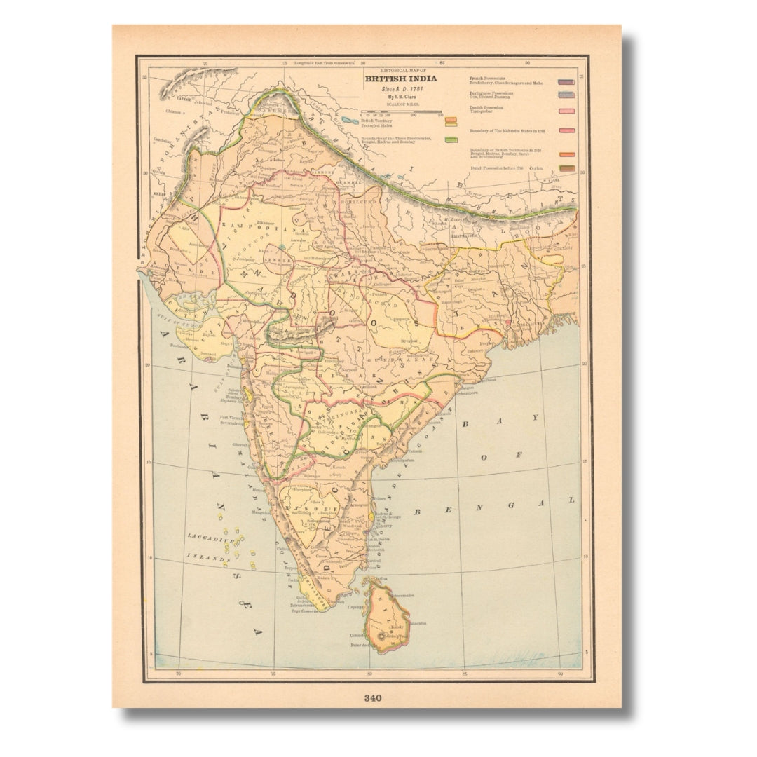 Historical Map of British India since A.D. 1751, Antique Colour Atlas Map, Printed in 1894, Cram's Universal Atlas