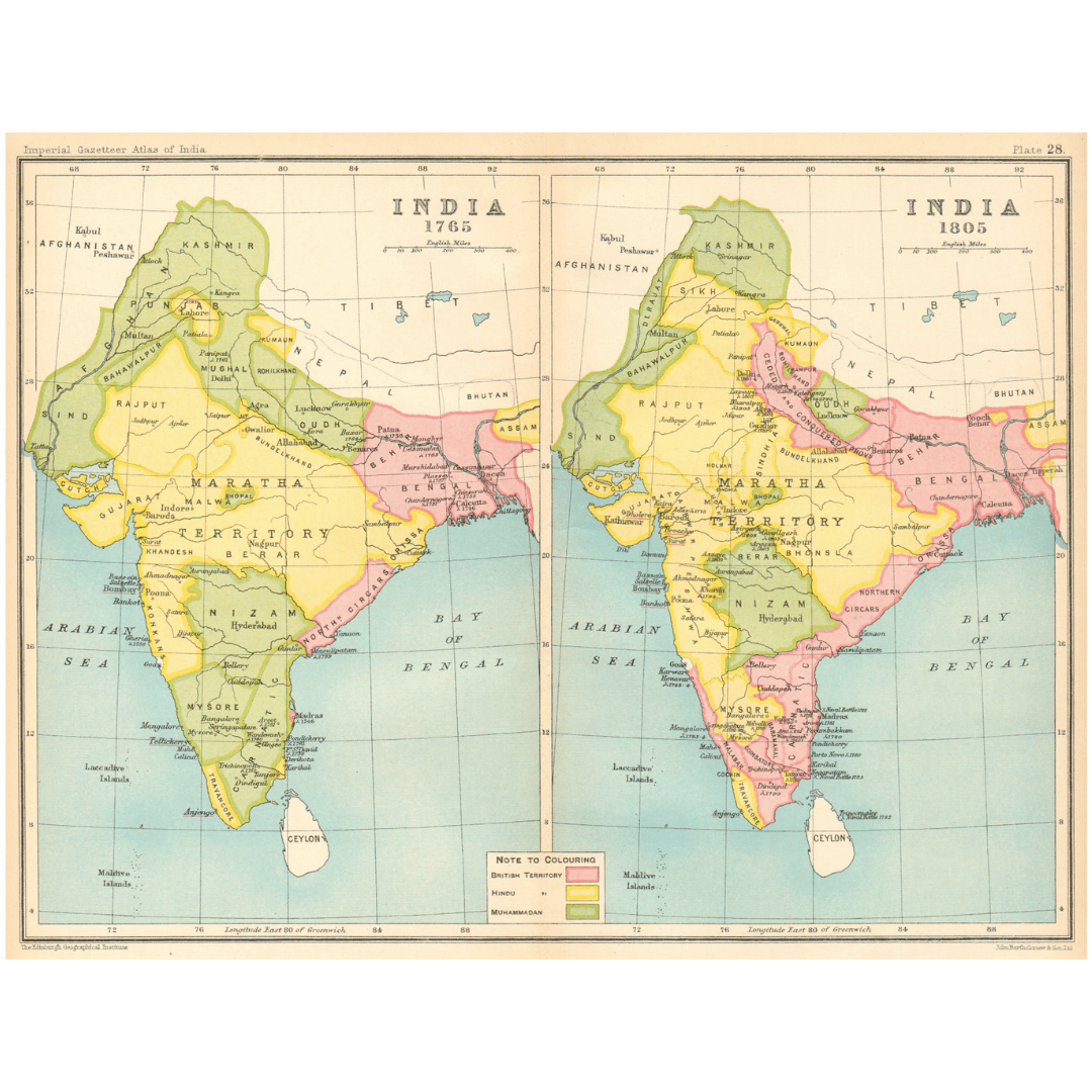 Historical India (1765 & 1805): British, Hindu, Sikh & Muslim States – 1909 Vintage Map - ramblingsofasikh