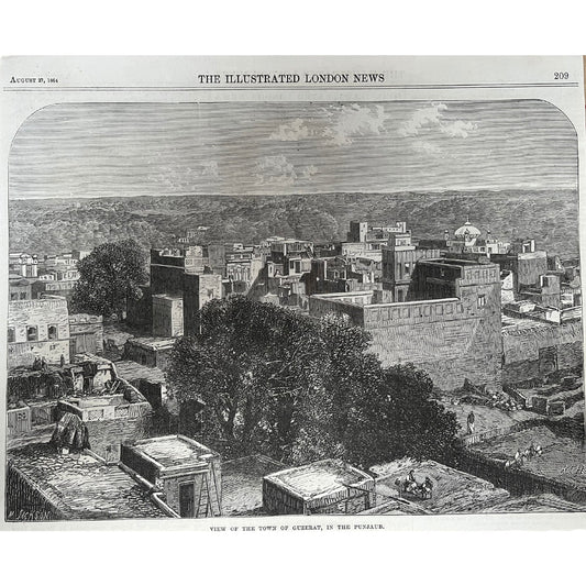 Original Antique Illustrated London News 1864 - View of the Town of Guzerat, Punjab - ramblingsofasikh