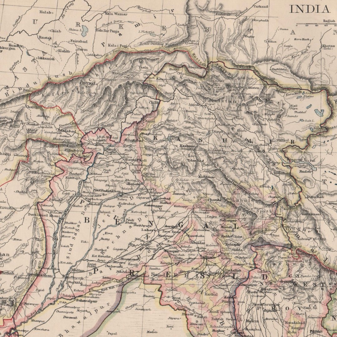 Original Antique Map 1895 - Northern British India: Jammu, Kashmir, Punjab, Himalayas - ramblingsofasikh