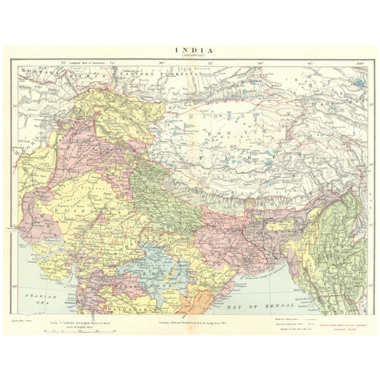 Original Antique Map 1906 - Northern British India: Rajputana, Punjab, Tibet, Bhutan, and Nepal - ramblingsofasikh