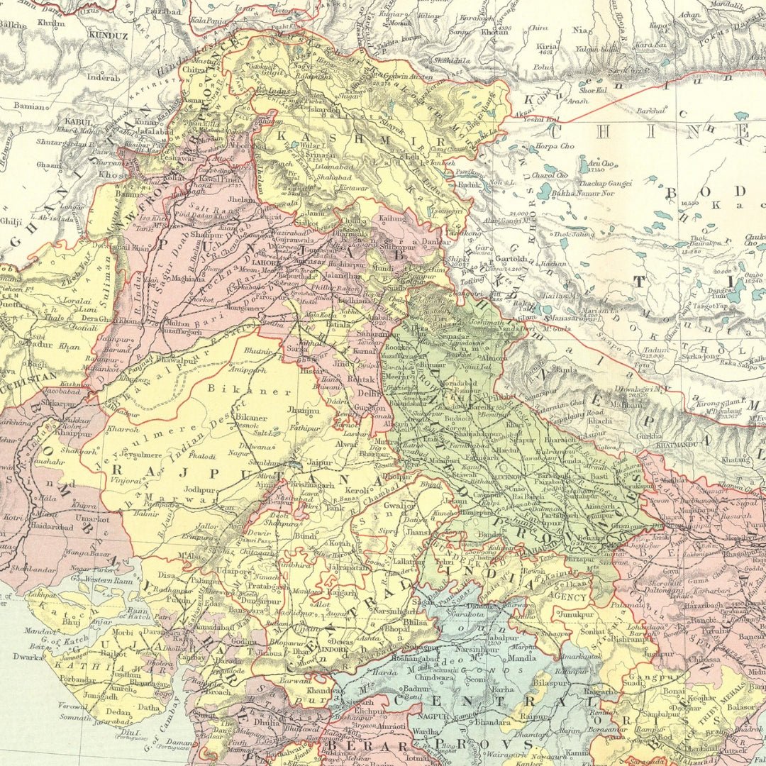 India Map Rajputana Original Antique Map 1906 - Northern British India: Rajputana, Punjab ...