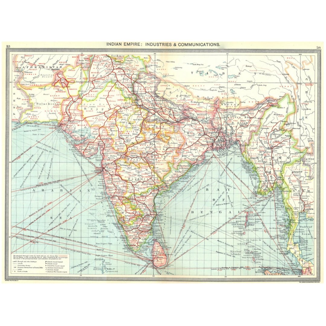 Original Antique Map 1907 - Indian Empire: Industries and Communications - ramblingsofasikh