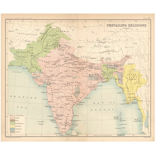 Original Antique Map 1909 - Prevailing Religions in British India - ramblingsofasikh